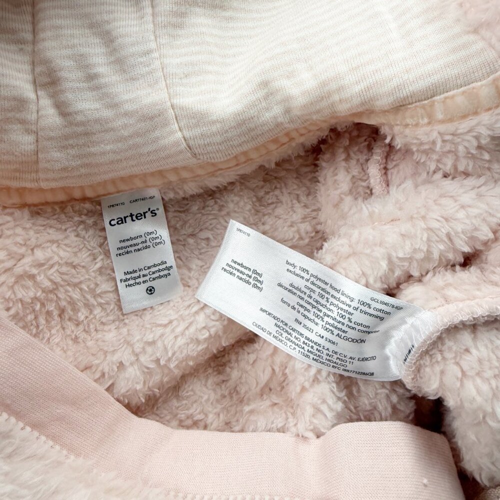 Carter’s Baby Girl Pink Fuzzy Hooded Bunting Suit Sherpa Pram NWT Newborn - Picture 2 of 3